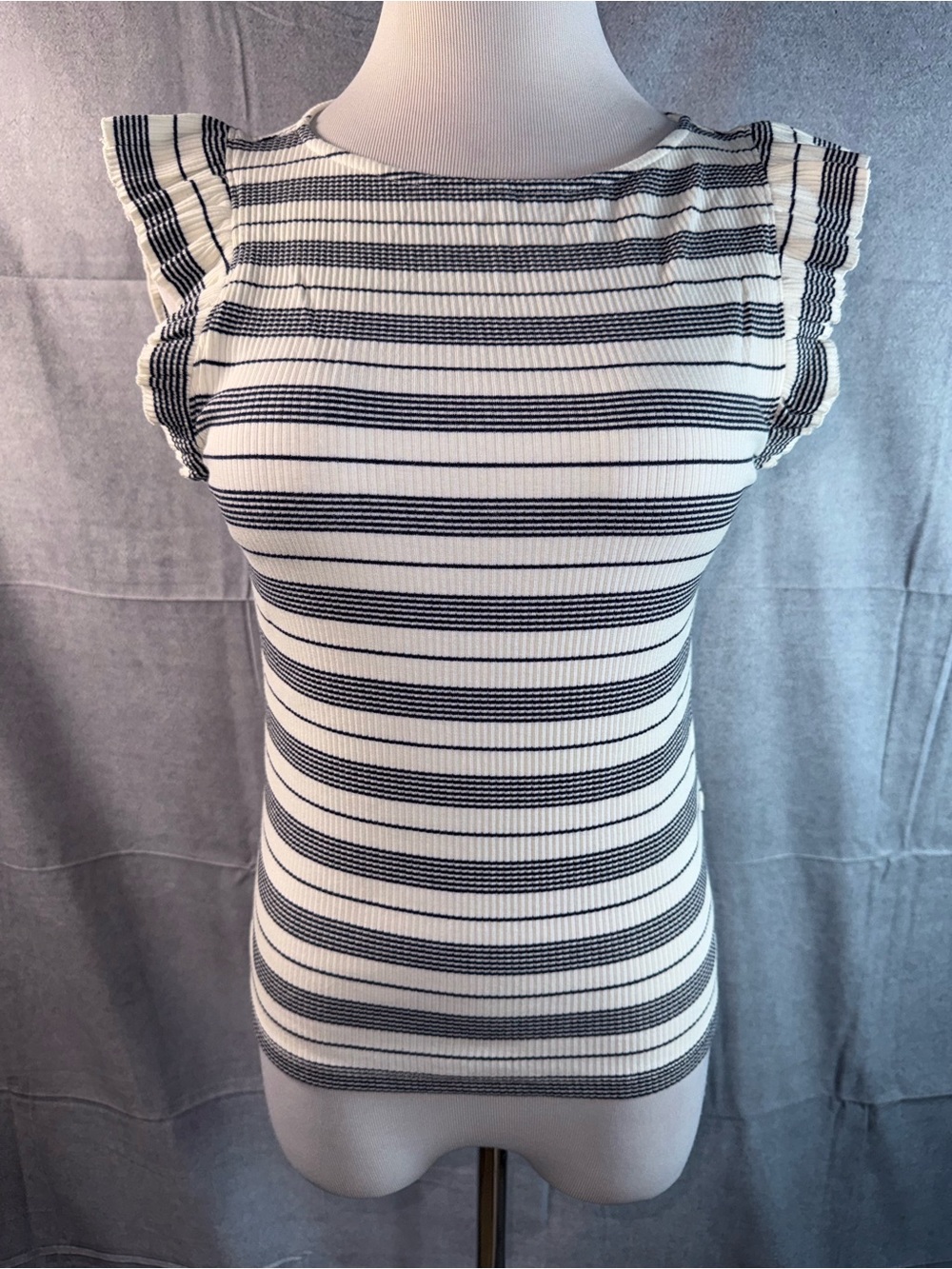 2203-J. Crew White and Black Striped Ruffle Sleeve Knit Top